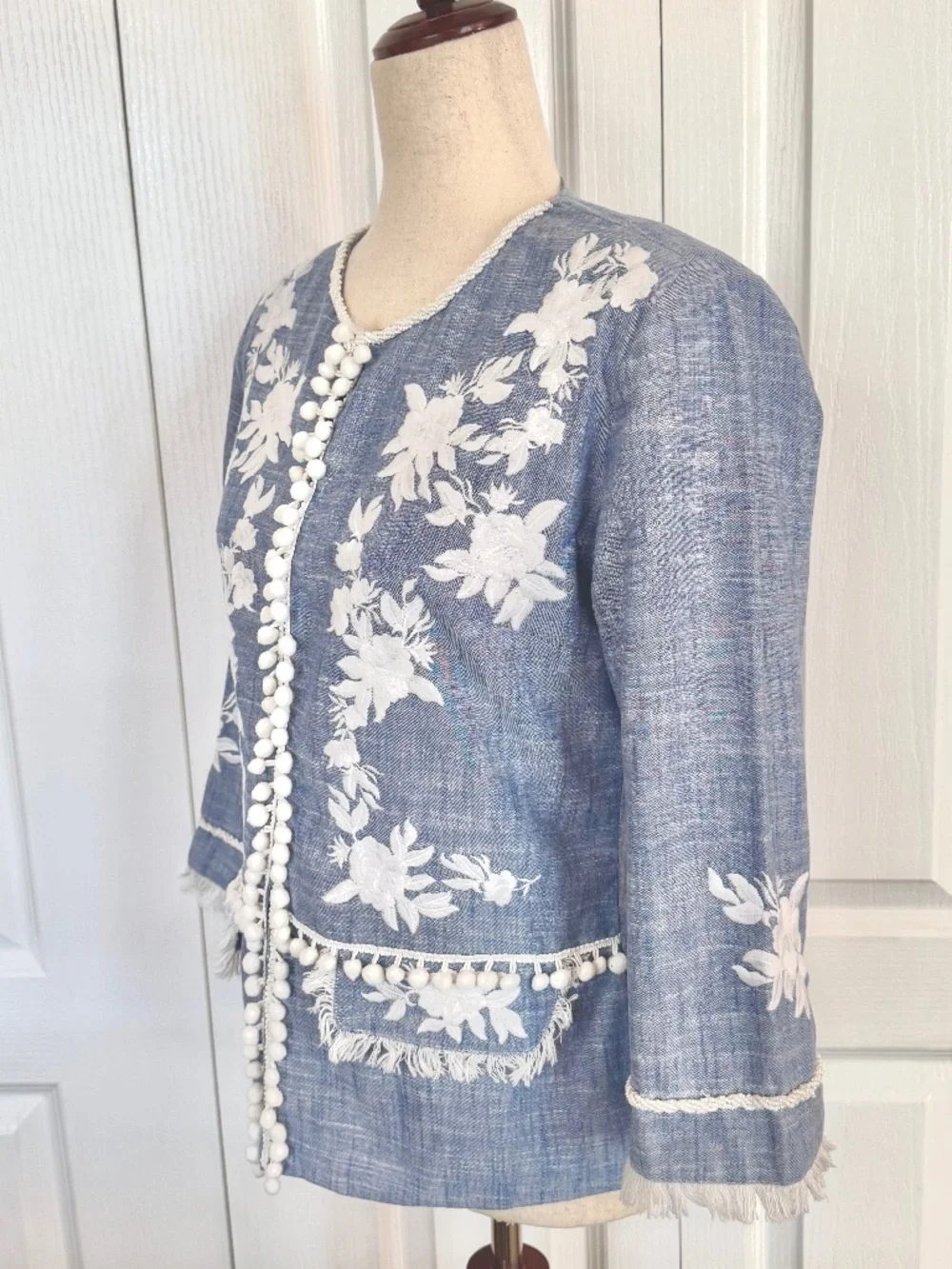 Women's Size S Cotton Jacket by Indigo Moon Embroidered, Pom-Poms, Pearl Beads